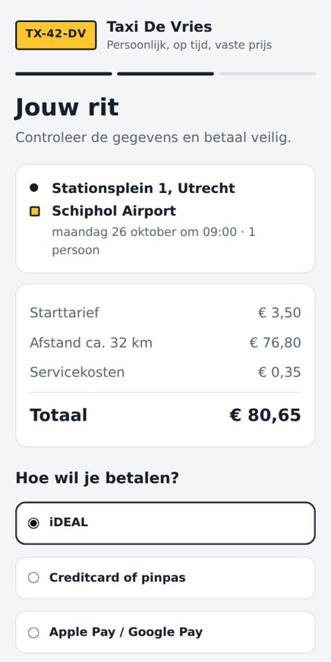 Taxi-app met prijsoverzicht en betaalopties